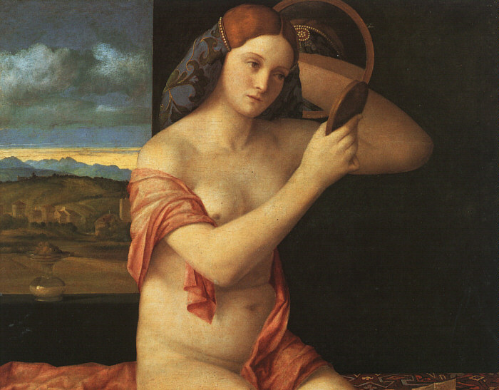 Naked Young Woman in Front of a Mirror