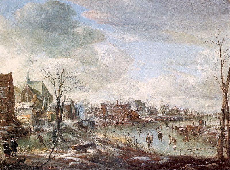 A Frozen River near a Village, with Golfers and Skaters
